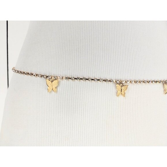 Lightweight crystal rhinestone butterfly skinny gold metal hip chain charm belt - Picture 2 of 3